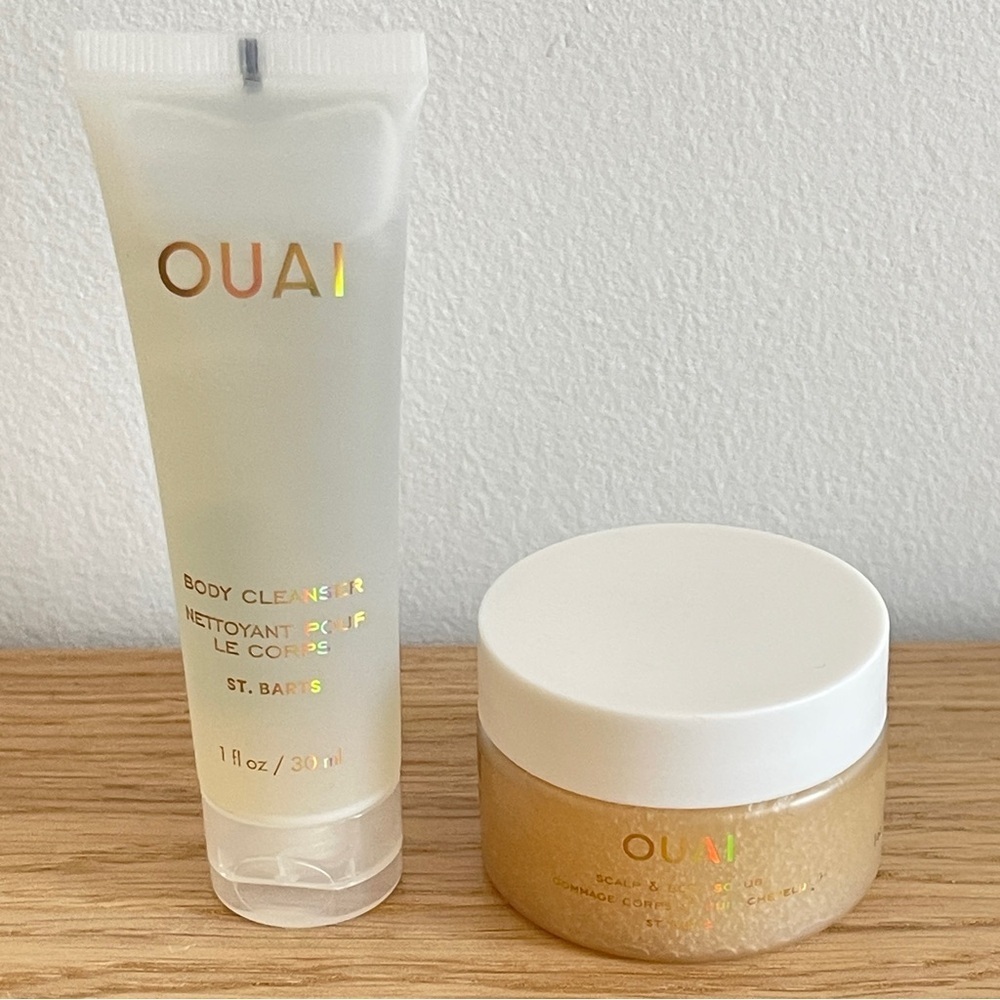 OUAI body cleanser 30ml  OUAI scalp and body scrub 30g  St. Barts mini new skin